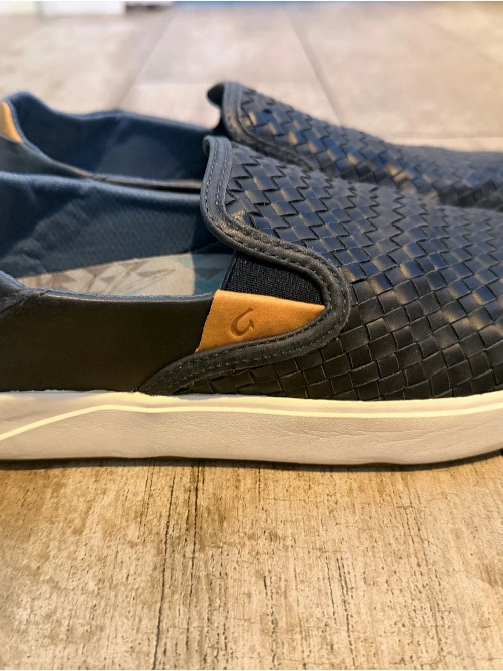OluKai Men's Navy Woven Slip-On Loafers with Tan Accent